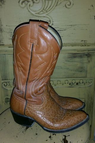 Vintage Mexican Honey Brown Bull Hide Leather Western Cowboy Boots 7.  5 D Rodeo
