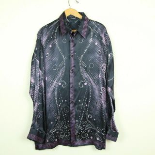 Vintage Genelli Pure Silk Mens Shirt L Purple Black Baroque Print Disco Club