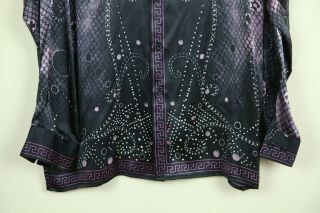 Vintage Genelli Pure Silk Mens Shirt L Purple Black Baroque Print Disco Club 2