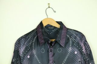 Vintage Genelli Pure Silk Mens Shirt L Purple Black Baroque Print Disco Club 4