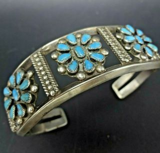 Vintage Navajo Sterling Silver Turquoise Cluster Bracelet Micro Serrated Bezel