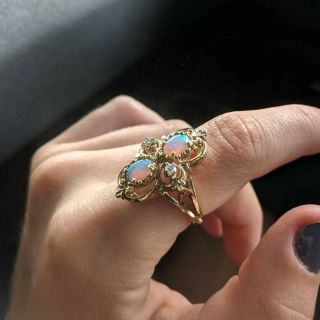 Vintage Natural Australian Opal And Diamond 14k Gold Ring