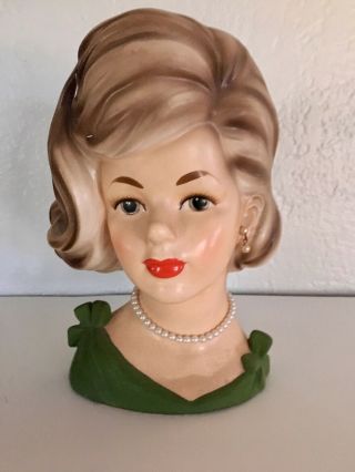 Extra Large Vintage 9 " Parma Lady Head Vase A219 Brown Up - Do/green Dress