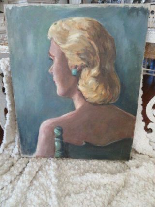 Gorgeous Old Vintage Portrait Oil Painting Blond Woman Backside Profile Canvas