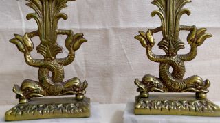 Antique Koi Fish Dolphin Brass Candle Holder Marble Base Pair Сandelabrum 2