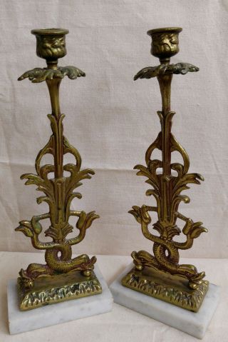 Antique Koi Fish Dolphin Brass Candle Holder Marble Base Pair Сandelabrum 6