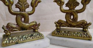 Antique Koi Fish Dolphin Brass Candle Holder Marble Base Pair Сandelabrum 8