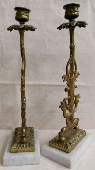 Antique Koi Fish Dolphin Brass Candle Holder Marble Base Pair Сandelabrum 9