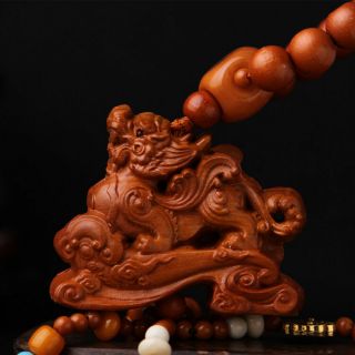 3d Wood Carving Chinese Pi Xiu Yao Foo Dog Kallaite Amber Beads Car Pendant