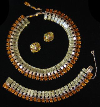 Vtge Trifari Jonquil & Topaz Baguette Rhinestone Set - Necklace - Bracelet - Earrings