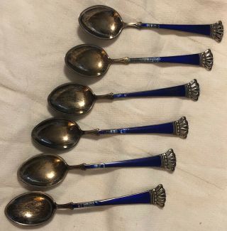 Vintage Denmark Egon Lauridsen 6 Sterling Cobalt Blue Enamel Spoons 3 - 3/4 "