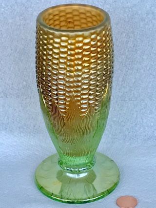 Vintage Carnival Glass Corn Vase Green & Gold Northwood Nr