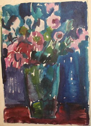 Vintage Expressionist Watercolor Painting Still Life With Flowers