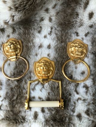 Vtg Sherle Wagner 24kgold Plated Lionhead Wall Towel Rings & Toilet Paper Holder