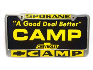 Vintage Camp - Spokane - Chevrolet Dealer License Plate & Frame; Black,  Yellow