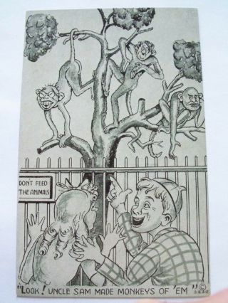 Adolf Hitler Propaganda Postcard Look Uncle Sam Made Monkeys Of Em Doncaster Nrr