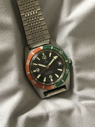 Vintage Elgin Stainless Steel Automatic Skin Diver Watch Faded Red & Green Bezel