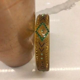 Vintage Art Deco Celluloid Rhinestone Gold Green Bracelet Bangle Sparkly