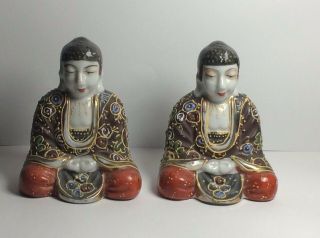 Pair Japanese Porcelain Satsuma Buddha Porcelain Figurines Signed