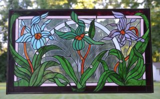 34.  5 " L X 20.  5 " H Handcrafted Jeweled Stained Glass Window Panel Iris Flowers