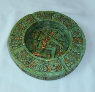 Aztec Mayan Mexican Design Malachite Green Cigarette Ashtray Felt Bottom Vintage