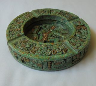 Aztec Mayan Mexican Design Malachite Green Cigarette Ashtray Felt Bottom Vintage 3