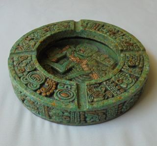Aztec Mayan Mexican Design Malachite Green Cigarette Ashtray Felt Bottom Vintage 4