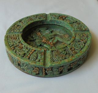 Aztec Mayan Mexican Design Malachite Green Cigarette Ashtray Felt Bottom Vintage 5
