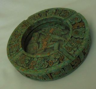 Aztec Mayan Mexican Design Malachite Green Cigarette Ashtray Felt Bottom Vintage 6