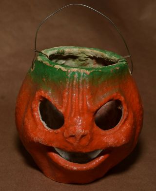 Vintage Halloween Paper Mache Pumpkin - 4 1/2 " Tall Evil Faced Jack - O - Lantern