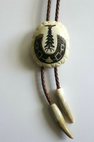 Stan Hill Sr.  Iroquois Bone Carving Tree Of Peace Bolo Tie Signed 1991 Rare Art
