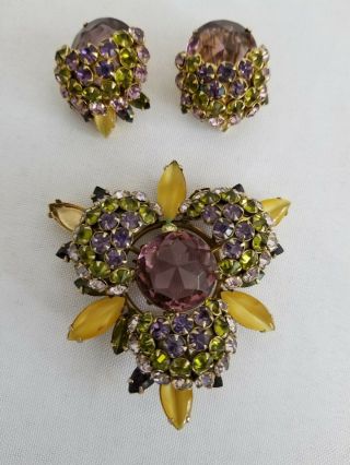 Signed Schreiner Brooch pendant Earrings Set lavender green rhinestones 2