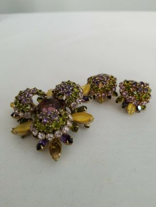 Signed Schreiner Brooch pendant Earrings Set lavender green rhinestones 6
