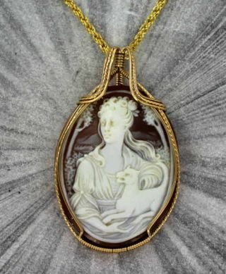 Antique Cameo Lady With A Cat In 14kt.  Rolled Gold Shell Carved In Italy