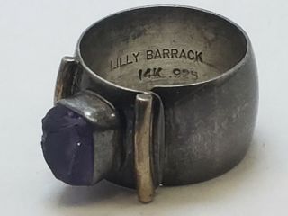 Vintage Lilly Barrack Designer Signed Sterling Silver & 14k Gold Amethyst Ring
