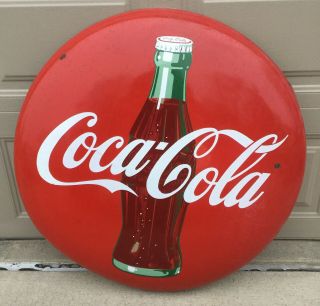 Vintage Porcelain Coca Cola 36 " Button Sign / Coke / Gas Oil / Soda