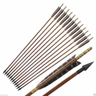 12pcs Bamboo Arrows Eagle Feather Archery Recurve Bow Vintage Broadheads Hunting