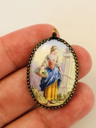 Antique Victorian Gilt Metal And Handpainted Fine Enamel Pendant 2