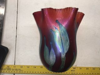 CHARLES LOTTON RARE RED FLOWER IRIDESCENT 7’ TALL VASE SIGNED 3 PEOPLE 1991 RARE 6
