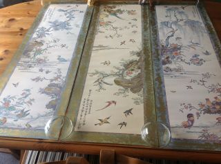 3 Vintage Print & Painted Japanese Panels - 36 X 12.  25 Inches