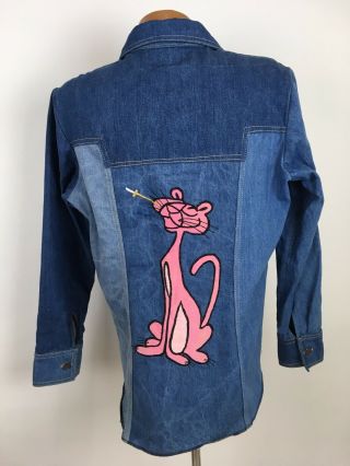 Vintage 70s Cut & Sew Denim Jacket Men’s M Blue Jean Pink Panther Patch Usa Made