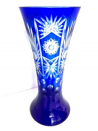 Vintage 11.  5 " Bohemian Czech Cobalt Blue Cut To Clear Crystal Vase