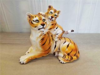 Vintage Porcelain Tiger & Cub Statue Made In Italy (13 " X 11 - 1/4 ")