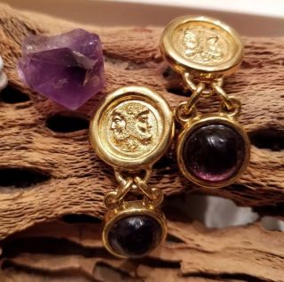 Fendi Vintage Roma Italy 1925 Gold Plated Janus Medallion Purple Dangle Earrings