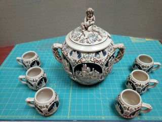 Vintage Post Ww2 German Stoneware Pottery Soup Tureen With Six Stein