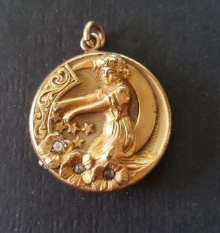 Art Nouveau Locket With Girl In Moon With Stars And Flowers