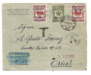 Albania 1920 Cover To Trieste With Sc 114 And 115 And 1914 25p War Stamp.  Rare
