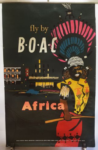 1954 Vintage Airline Travel Poster Boac Africa Zulu Tribal Dancer Neon