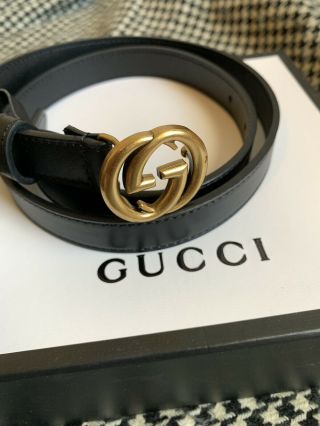 Gucci Leather Black Belt With Double G Buckle,  Skinny (. 8”) - With Gift Receipt