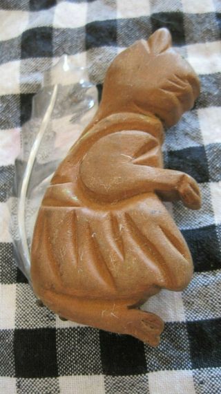 Big Vintage Carved Wood Squirrel In Dress With Clear Lucite Tail Brooch/pin